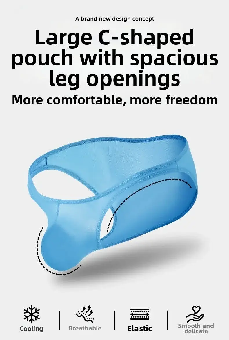 Men's Ice Silk Briefs Sexy Low-Rise U-Pouch Underwear Summer Ultra-Thin Breathable Smooth Panties Quick-Dry Cool Swimming Briefs