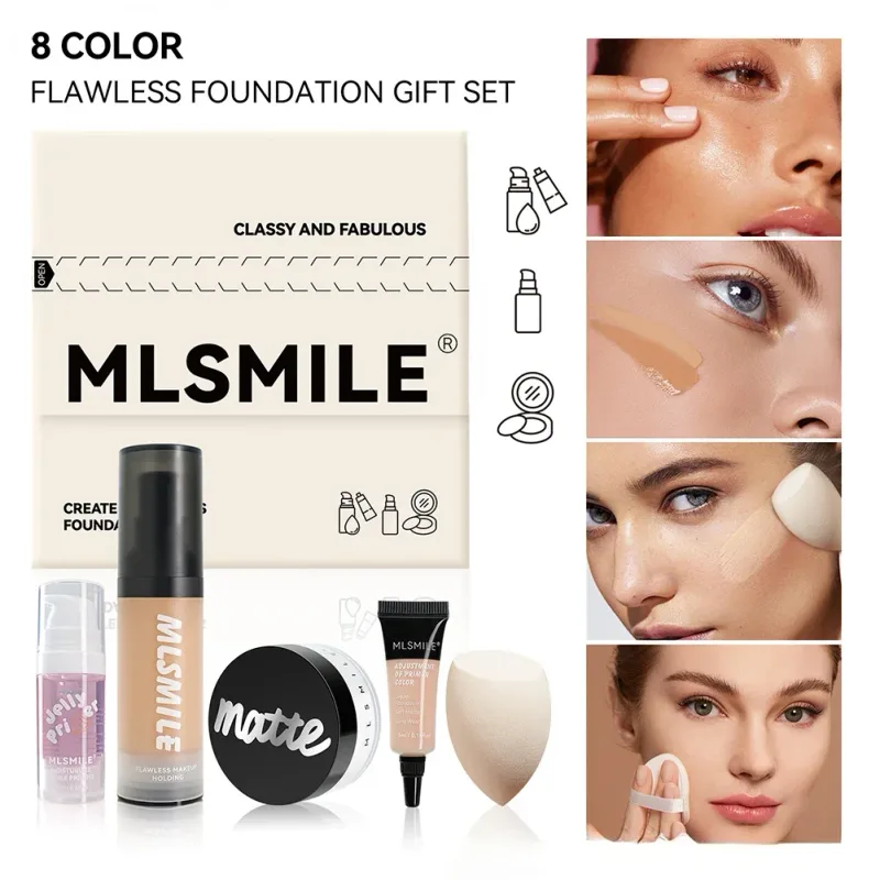 All in One Face Makeup Set Liquid Foundation Powder Primer and Egg for Long Lasting Matte Finish