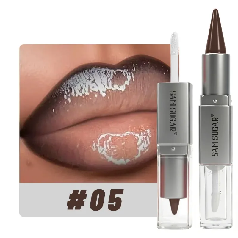2 in 1 Lip Liner & Lip Gloss Dual Ended Hydrating Non Stick Lipstick Matte Velvet Outline Crayon with Shiny Plumping Lip Glaze
