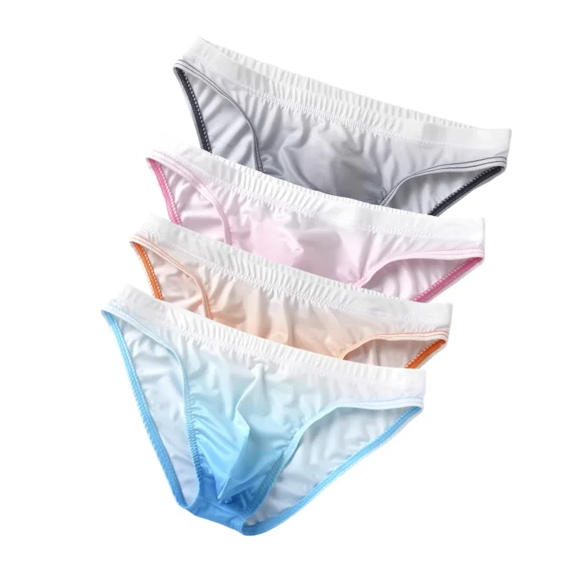 Ice Silk Mens Briefs Underwear With Gradient Color Pouch Breathable Sexy Bikini Slips Low Waist Male Butt-lifting Panties Cuecas