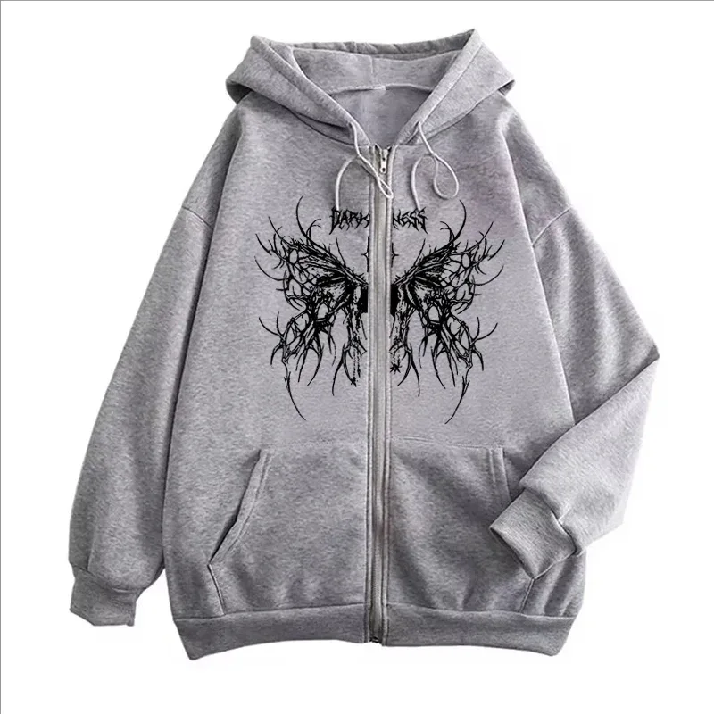Men Gothic Dark Angel Zipper Hoodie Women Vintage Fashion Streetwear Y2K Hip Hop Long Sleeve Fleece Sweatshirts Jacket Coat