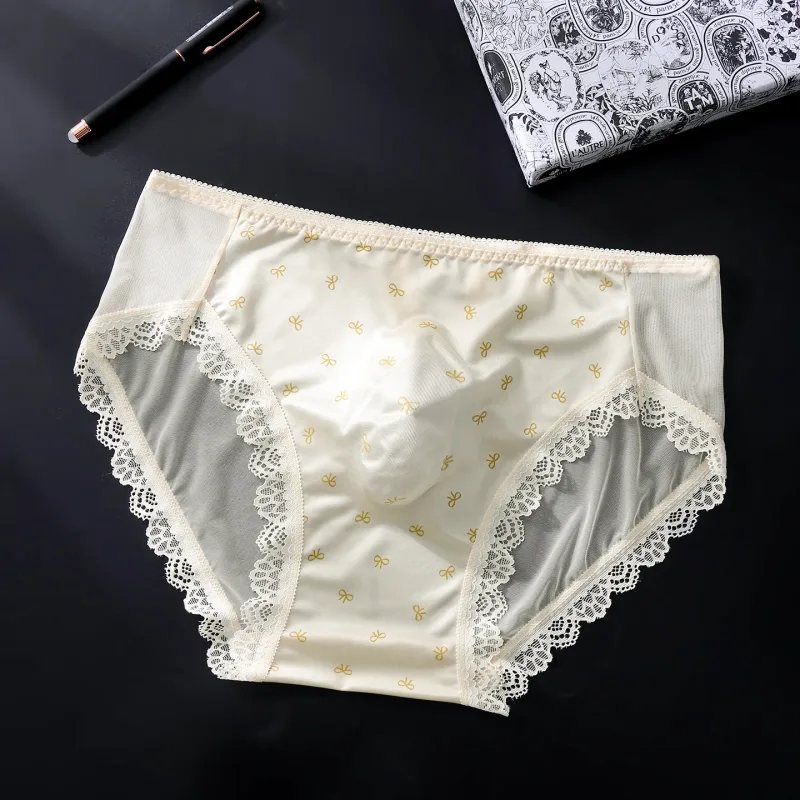 Large Size Mens Sissy Satin Panties Sexy Scalloped Lace Sheer Briefs Glossy Lingerie Mid Rise Lace Bow U Convex Pouch Underpant