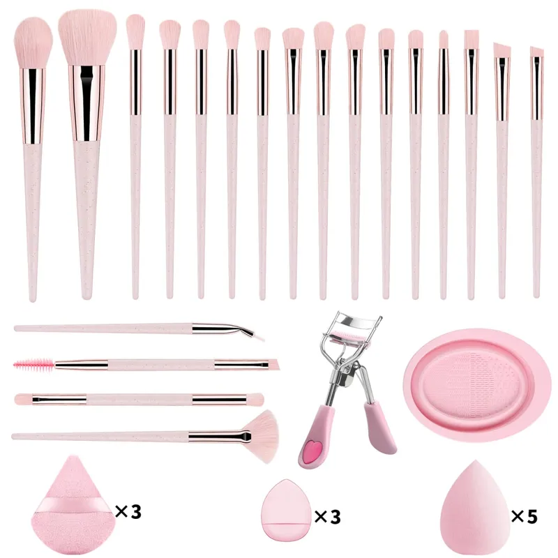 33 Buah Kit Alat Rias 20 Kuas Rias dengan Mangkuk Pembersih Puff Bedak Set Rias Mata Wajah Penuh Penjepit Bulu Mata