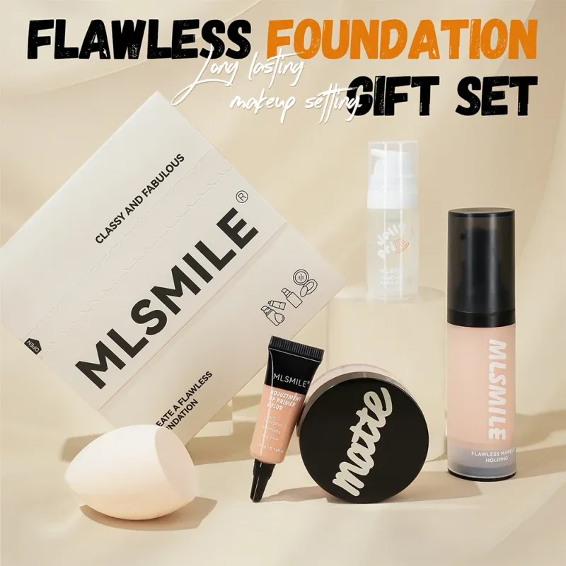 All in One Face Makeup Set Liquid Foundation Powder Primer and Egg for Long Lasting Matte Finish