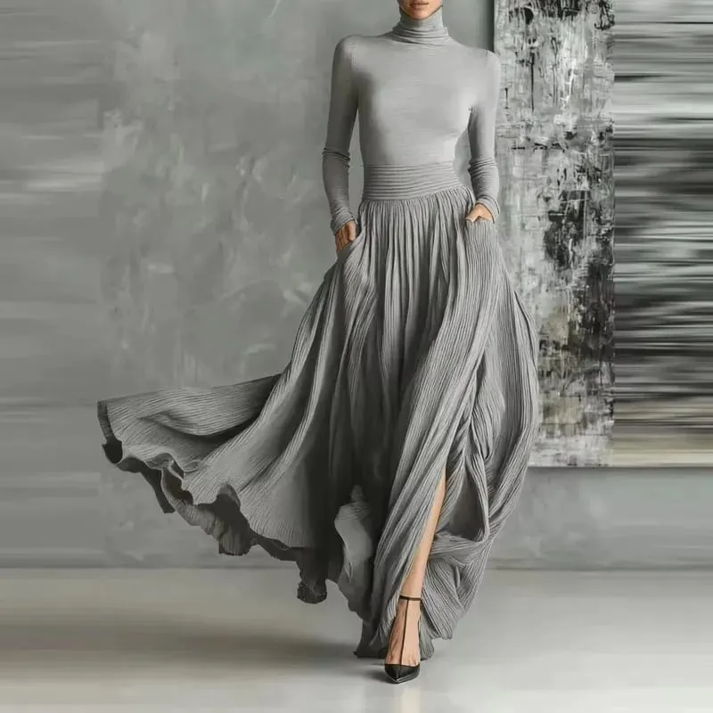 Set Rok Dua Potong Elegan Prancis untuk Wanita Setelan Ramping Turtleneck Antik Berlipat Hem Belahan Minimalis Solid Bersaku