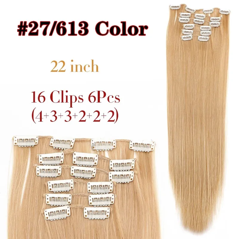 Fekete hajhosszabbítók, egyenes 22" hosszú szintetikus vastag klipek női hajra 6 db/szett göndör, teljes fejjel esküvők naponta