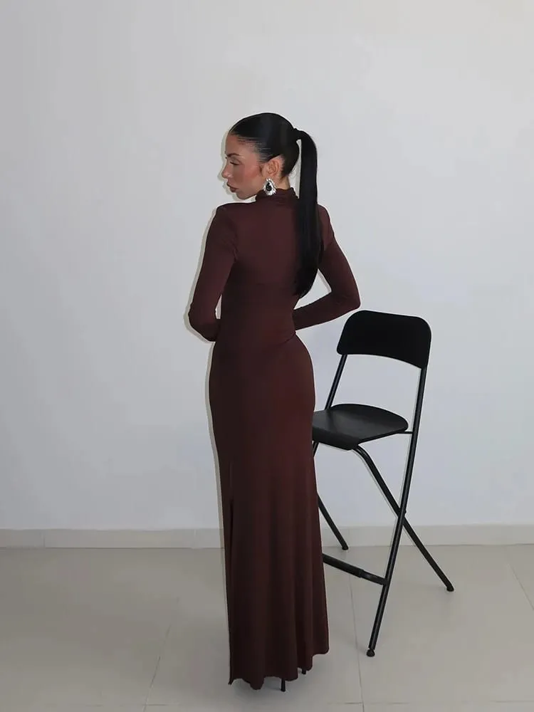 Ahagaga Sexy Sheath Γυναικεία Maxi Φορέματα Μασίφ ζιβάγκο κανονικά μακριά μανίκια Hollow Out Slim Fit Bodycon Party Vestidos Robes