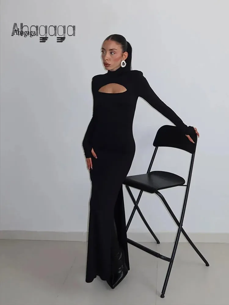 Ahagaga Sexy Sheath Γυναικεία Maxi Φορέματα Μασίφ ζιβάγκο κανονικά μακριά μανίκια Hollow Out Slim Fit Bodycon Party Vestidos Robes