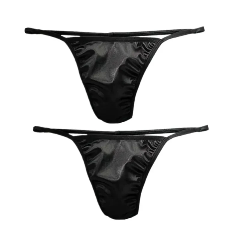 2PCS Men's T-back Thong Sexy Thin Strap Glossy Ice Silk Underwear Male U Convex Night Bikini Low Waist Plus Size Satin G-strings