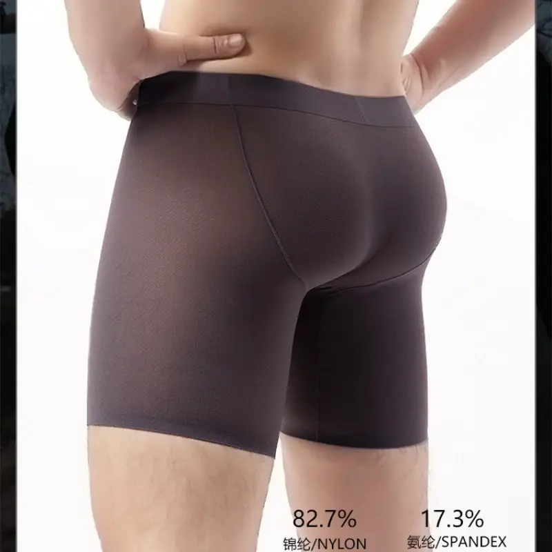 Ice Silk Long Boxer Shorts Men Ultra-thin Breathable Sports Underwear Sexy See Through Panties Male Quick Dry U Pouch Underpants