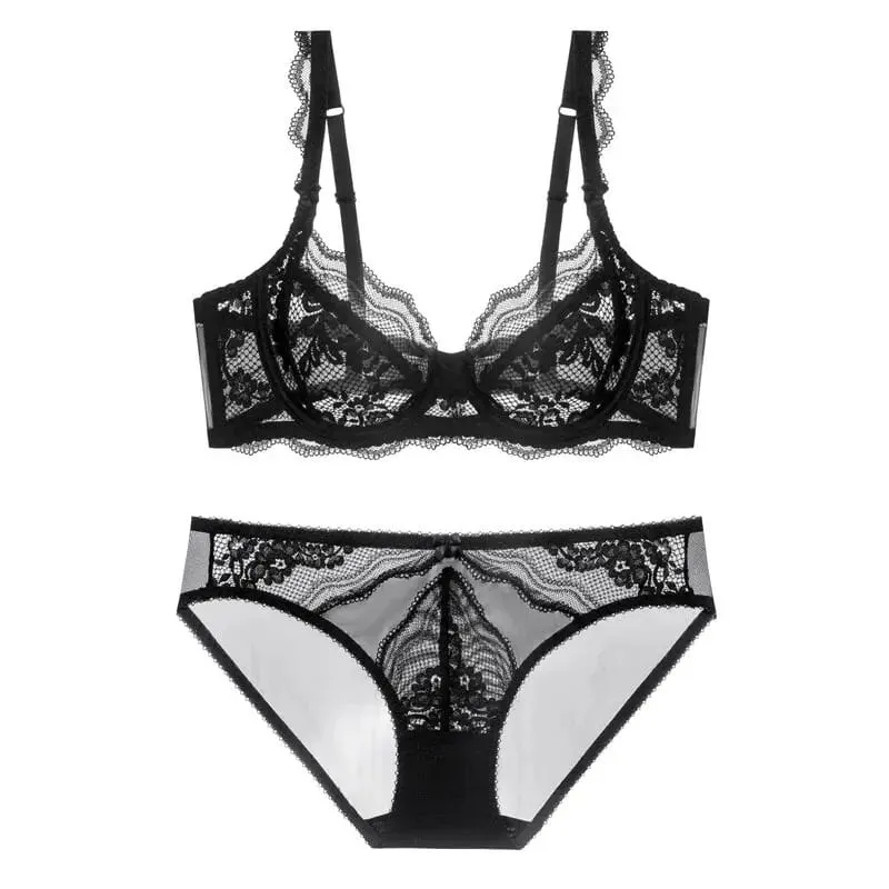 Plus Size Full Bust Minimizer Σετ σουτιέν Sheer Floral Lace Thin Anti Sag Support Διάφανα εσώρουχα Γυναικεία αναπνέοντα οικεία
