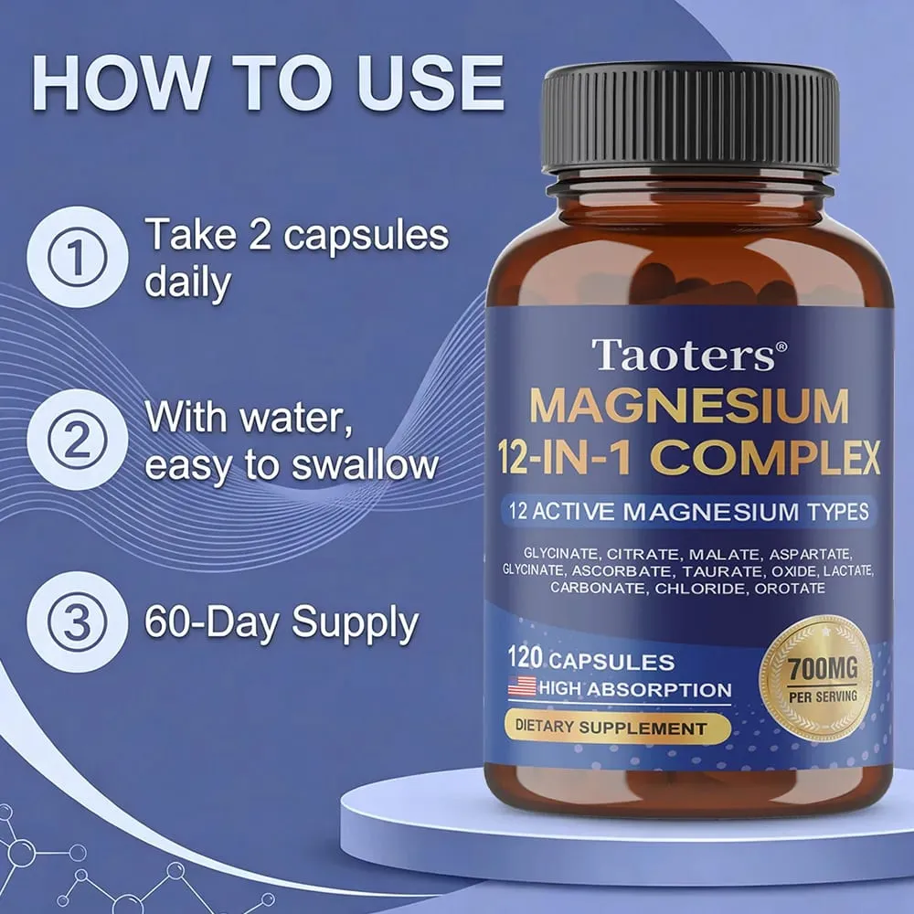 Magnesium 12-in-1 complex supplement – ​​700 mg hoge absorptieglycinaatcitraatmalaat en tauraatmengsel voor spierzenuwslaap