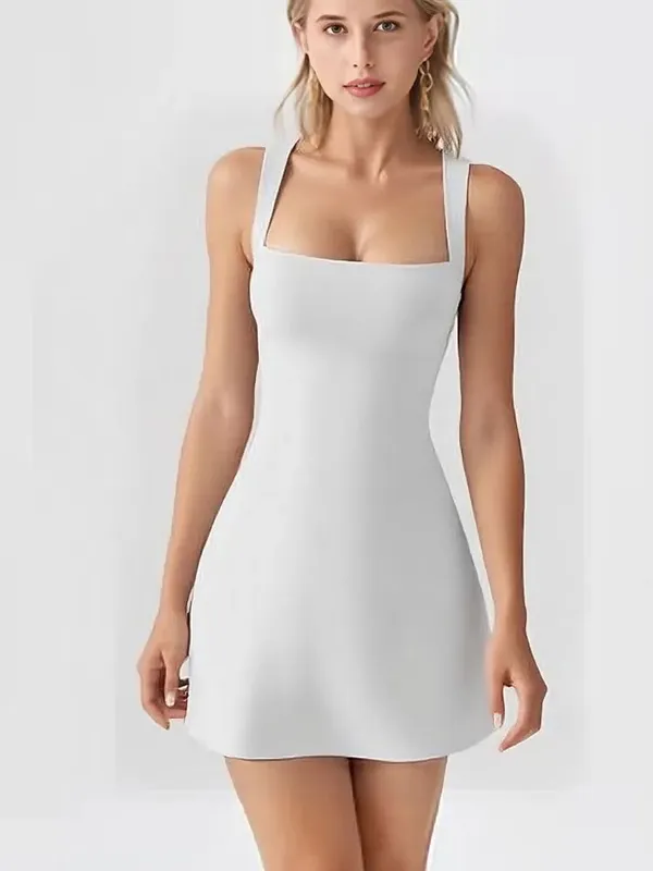 Simple Solid Color Slip Dress Summer Elegant Square Neck Sleeveless Short Dressest Fashion Versatile Casual Slim Fit Dress