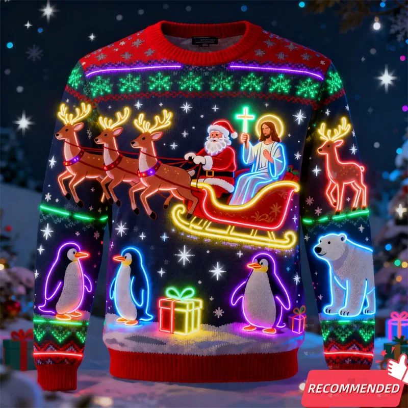 Cahaya Neon Palsu 3D Bercetak Hodoh Xmas Sweater untuk Wanita Lelaki Pakaian Merry Christmas Snowman Lucu Santa Jesus Pullovers Tracksuit