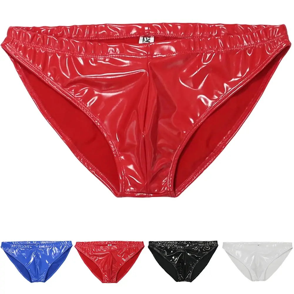 Men Sex Faux Latex Brief Glossy Patent Leather Package Hip Gay Underwear Lingeri Smooth Thongs Candy Color Thong T-Back