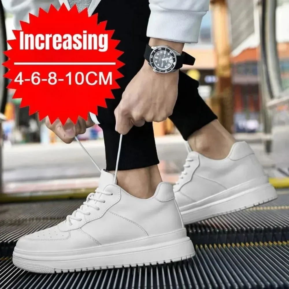 Új magasságnövelő cipő férfiaknak 10 cm-es láthatatlan liftes tornacipő fehér bőr Sport Zapatillas De Hombre nagy 46-os
