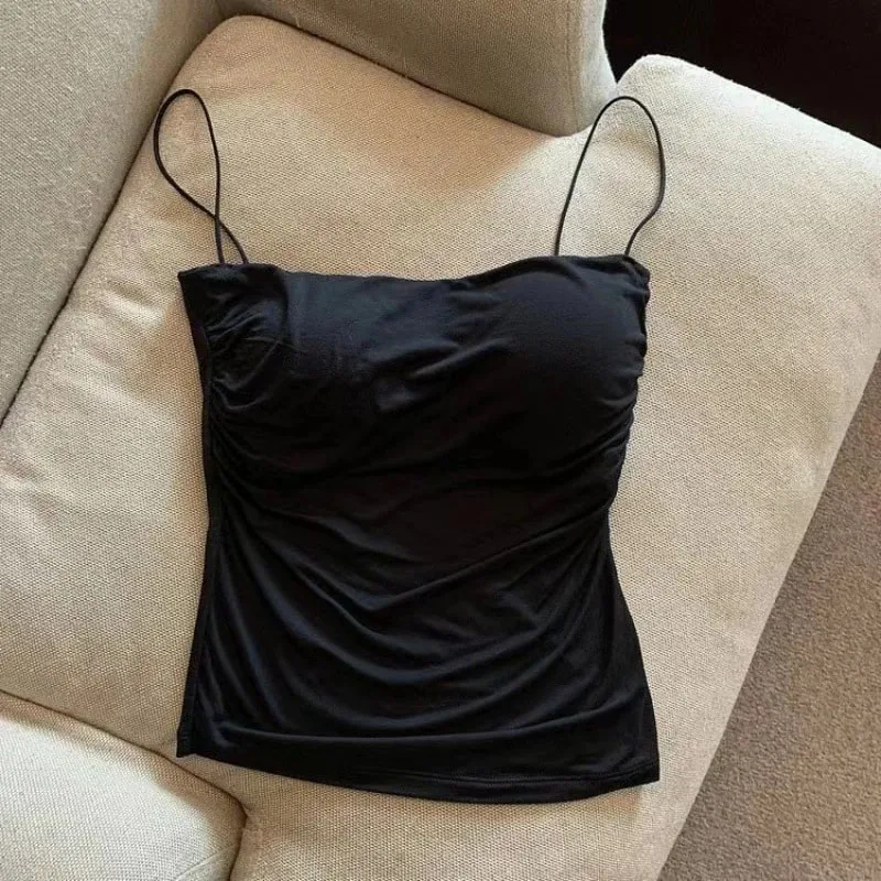 Szexi, tömör redőzött Tank Camisole női nyári spagettipántos ujjatlan felsők
