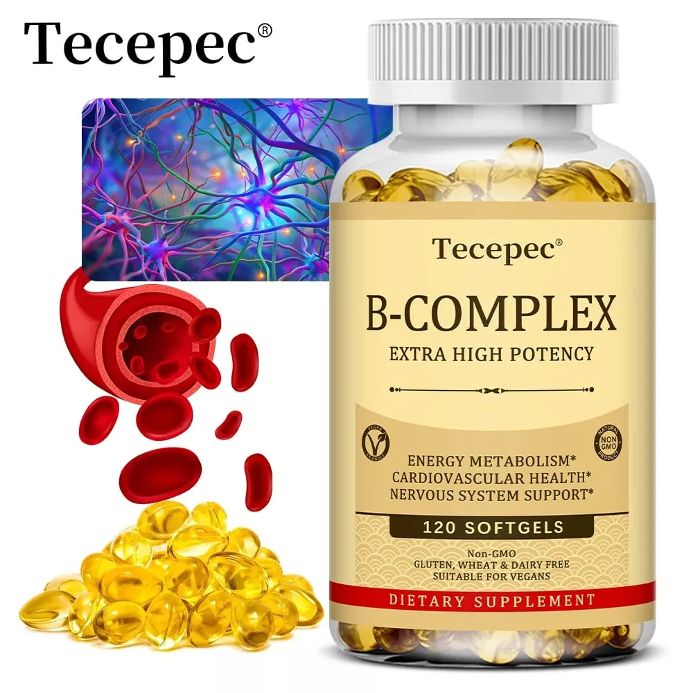 Tecepec B-Complex Vitamin Supplements (B12 B1 B2 B3 B5 B6 B9 Folic Acid & Biotin) Immune & Energy Support Softgels NON-GMO