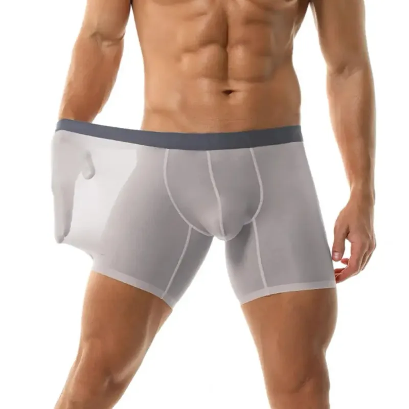 Men Boxer Underwear Elastic Mid-Waist Design Breathable Ultra Thin Seamless Shorts Panties Patchwork Color U-Convex Panties