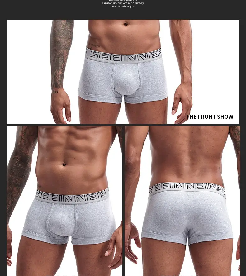 Seeinner Mens Boxer กางเกงขาสั้นผ้าฝ้าย U กระเป๋านูนชุดชั้นในนุ่มสบายกางเกง Cueca Masculina M-XXL สีดำสีขาวสีเทา