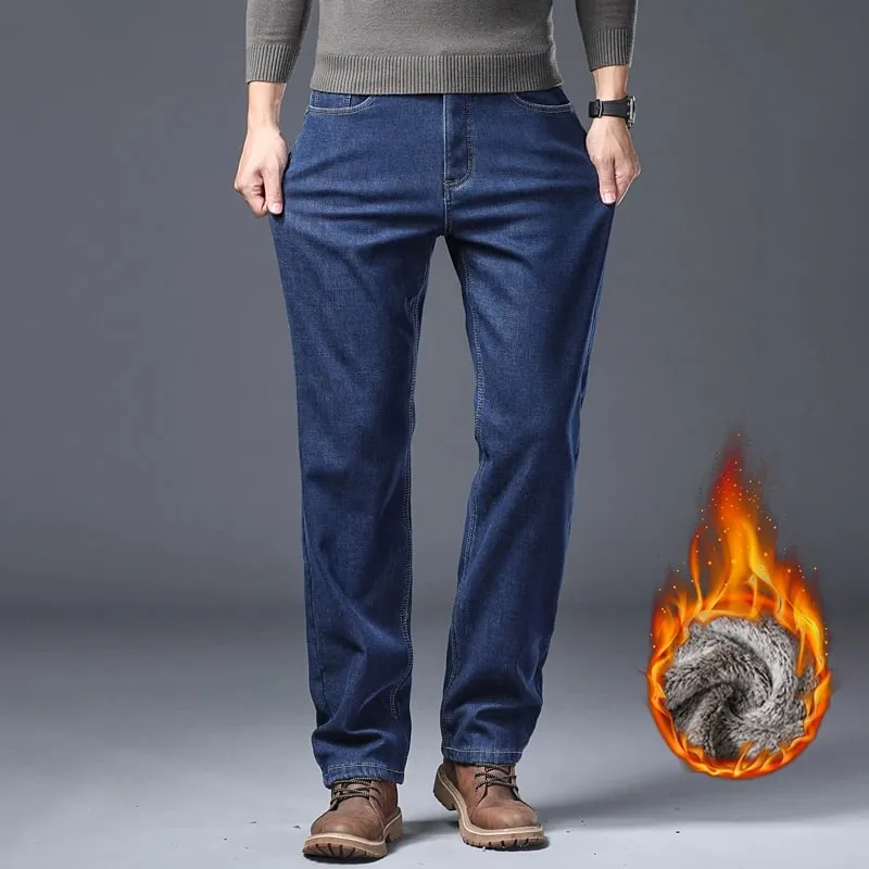ג'ינס לגברים מרופד עבה ג'ינס חורף מתיחה חמה Slim Fit מכנסי ג'ינס מכנסיים רכים נוחים ללבוש יומיומי לעבודה