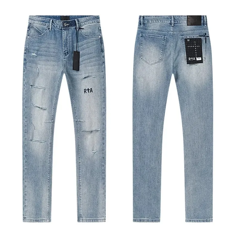 Νέο RTA Destroyed Scratch Hole Light Blue Distressed Jeans Ανδρικά High Street Elastic Slim Fit jeans 2026 Μάρκα παντελόνι Streetwear