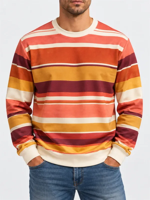 Heren vintage gestreept sweatshirt met ronde hals, casual trui met lange mouwen, kleurenblok, herfst streetwear, alledaagse mode, klassieke top