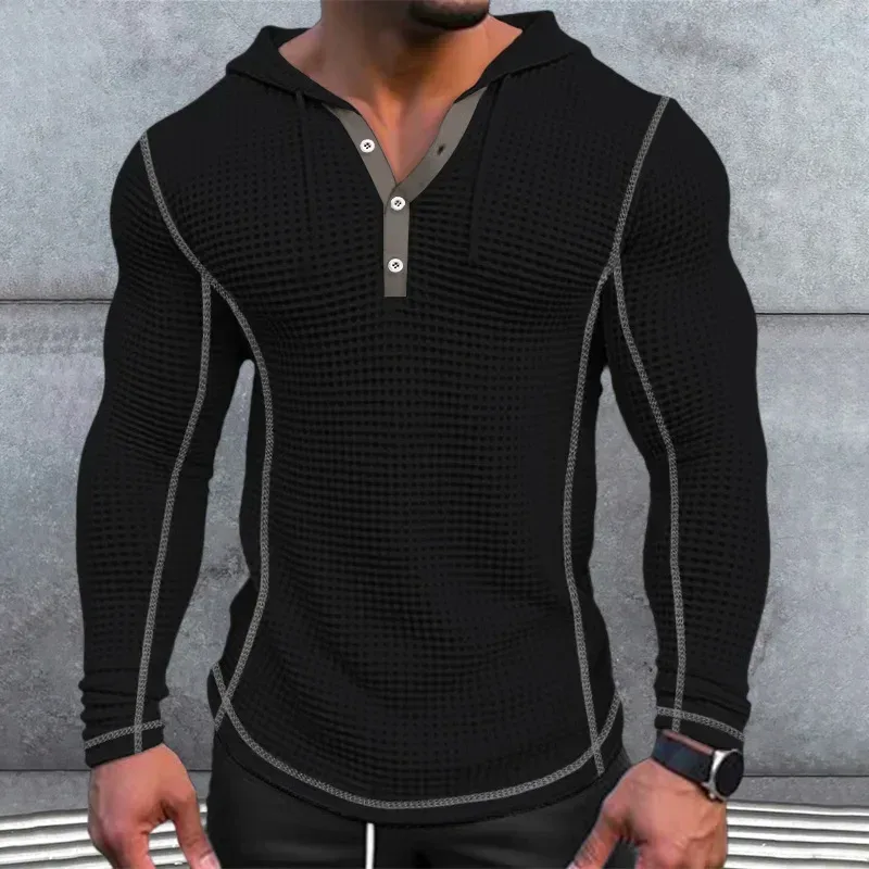 Waffle Solid Fabric Slim Fit Hoodies Men V-neck Button Casual Sweatshirts Hip Hop Street Sweater Panlalaking Sports Tops Long Sleeve