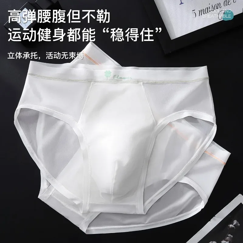 Women Panties for Men Ice Silk Seamless Brief Sexy Mesh Splicing Transparent Underwear Youth Breathable U Convex Pouch Underpant