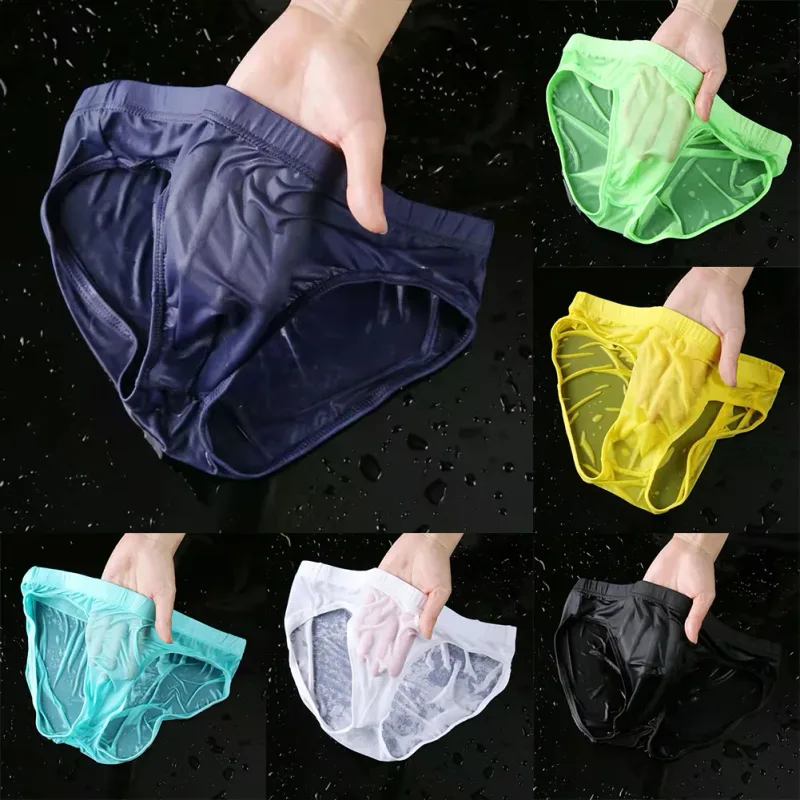 Men Sexy Sheer Ice Silk Briefs Underwear Quick-Dry U Convex Pouch Breathable Low-Waist Underpants Summer Cooling