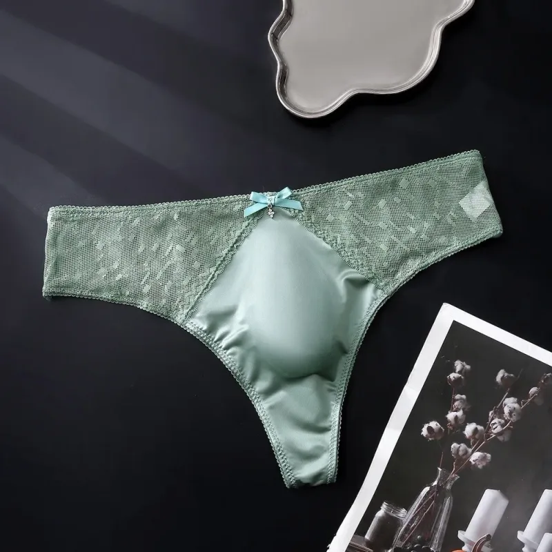 Men's Thong Underwear Made of 81.7% Polyester 18.3% Spandex Ice Silk Blend with Lace Trim and 3D Bulge Pouch Solid G String