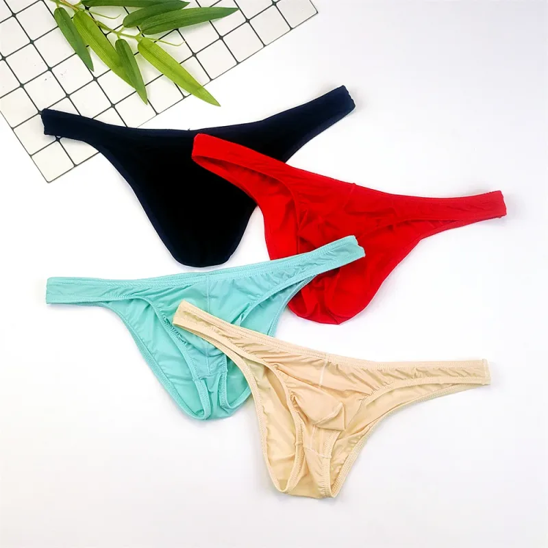 4PCS Men High Fork Briefs Mid Waist Elastic Ice Silk Brief Summer Underpants Ice Silk U Convex Pouch Male Underwear Silky Shorts