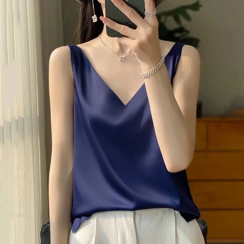 Νέο Lce Silk Satin Camisole Γυναικεία Άνοιξη/Καλοκαίρι μονόχρωμο αμάνικο σέξι άνετο μεταξωτό εσώρουχο RW-D09