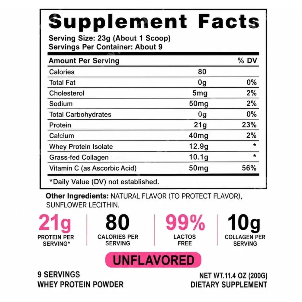 Kollagén tejsavófehérje por ízesítetlen tejsavóizolátummal Kollagén peptidek C-vitamin napi táplálkozási támogatás 200g