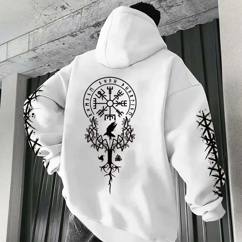 Winter and Autumn Edition Viking Nordic Runes Printed Men's Large-Sized Hooded Sweatshirt for Street Casual Wear