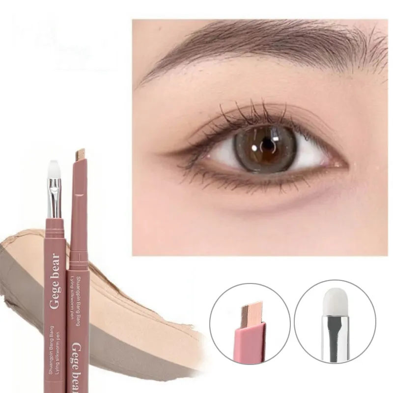Double Ended Lying Silkworm Pencil 2 in1 Highlighter Nude Lower Eyelid Contour Aegyo-sal Eyeliner Makeup Stick with Detail Brush — image 3