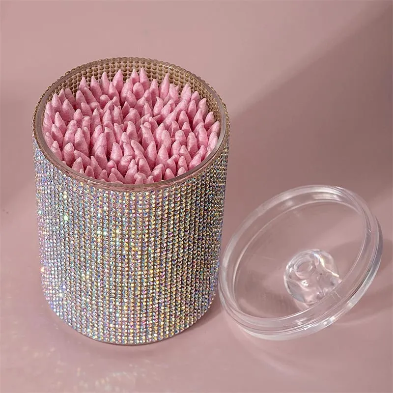 Wadah Penyimpanan Penyeka Kapas Berlian Mewah Organizer Kosmetik Rias Portabel Wadah Penyimpanan Perhiasan Tahan Debu Alat Rias