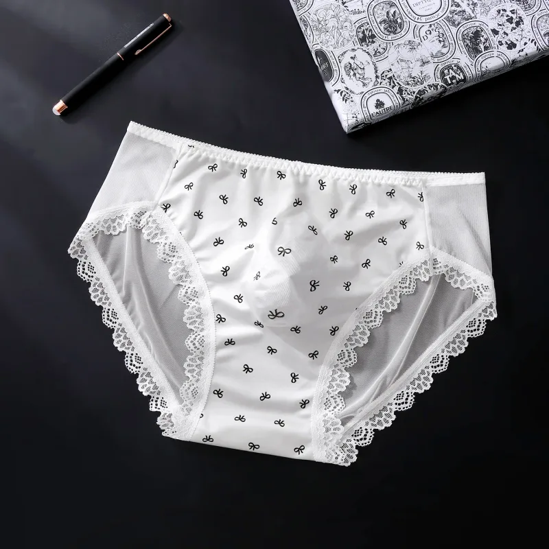 Large Size Mens Sissy Satin Panties Sexy Scalloped Lace Sheer Briefs Glossy Lingerie Mid Rise Lace Bow U Convex Pouch Underpant