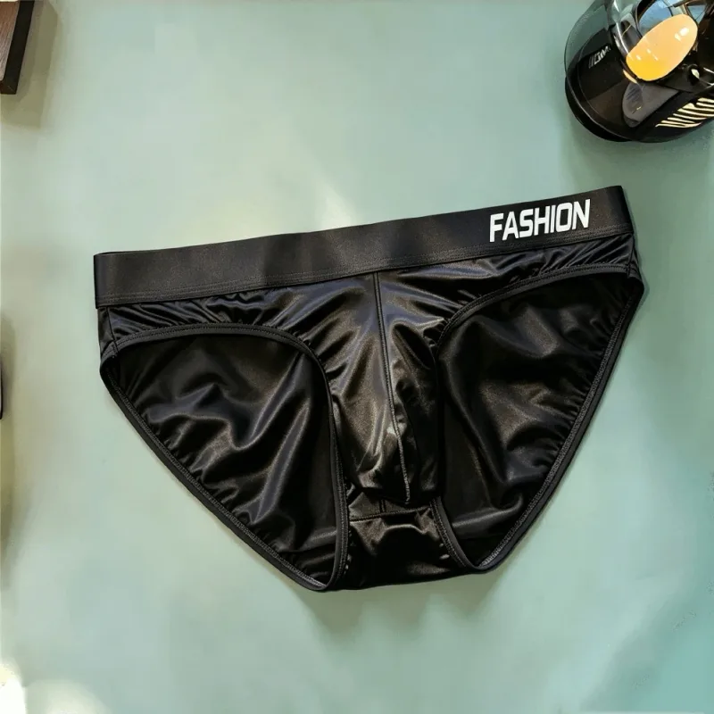 Men Glossy Satin-like Smooth Brief Ice-Silk Hip Wrap LargePouch Satin Silky Briefs Low Waist Gradient Letter Glossy Underwear