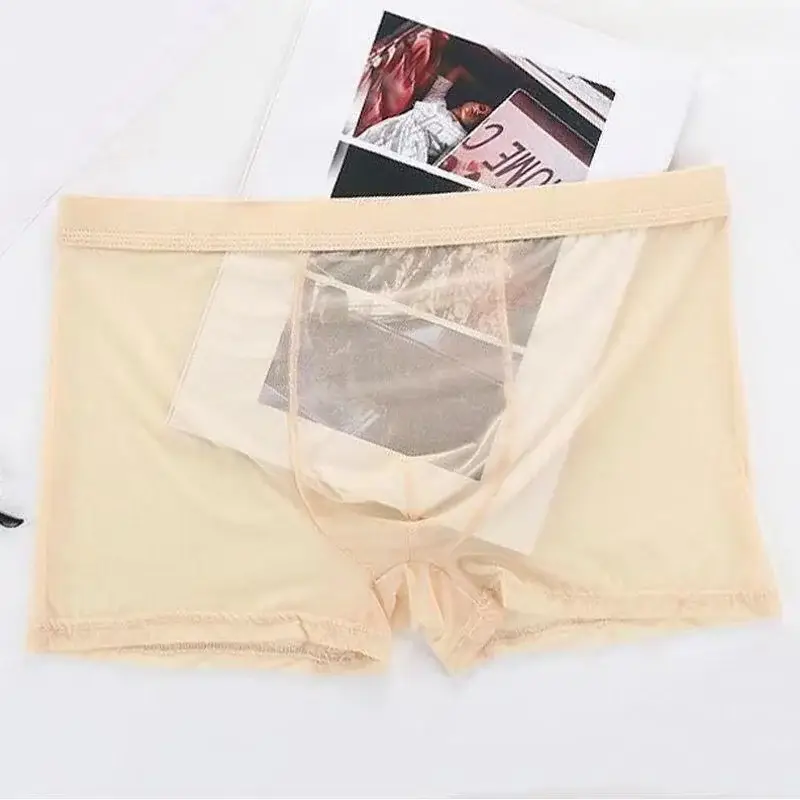 Cueca boxer transparente com protuberância, seda gelada, transparente, cuecas sexy, cintura baixa, lingerie íntima