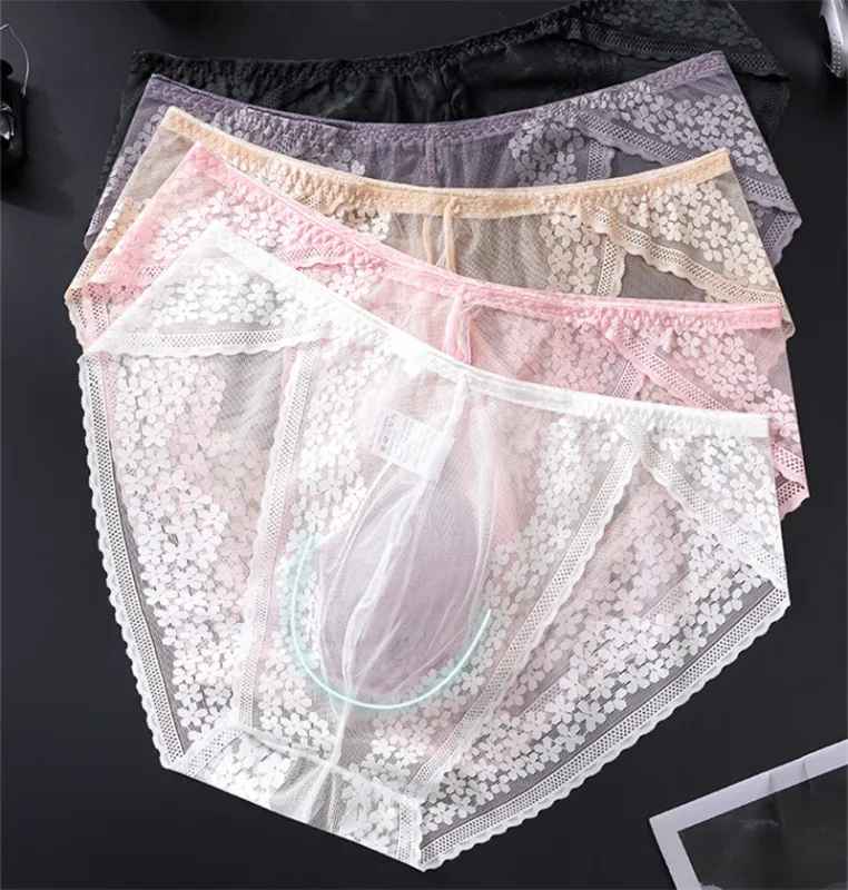 Lace men's underwear ice silk calzoncillos hombre 3D convex bag adults 18 plus size sexy lingeries for man tangas japonesa new