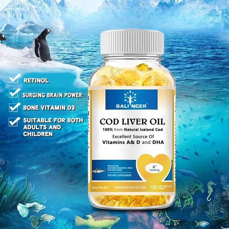 Cod Liver Oil Capsules Rich in Vitamin A D and DHA Help Maintain Healthy Skin Strong Brain and Bones and Improve Memory