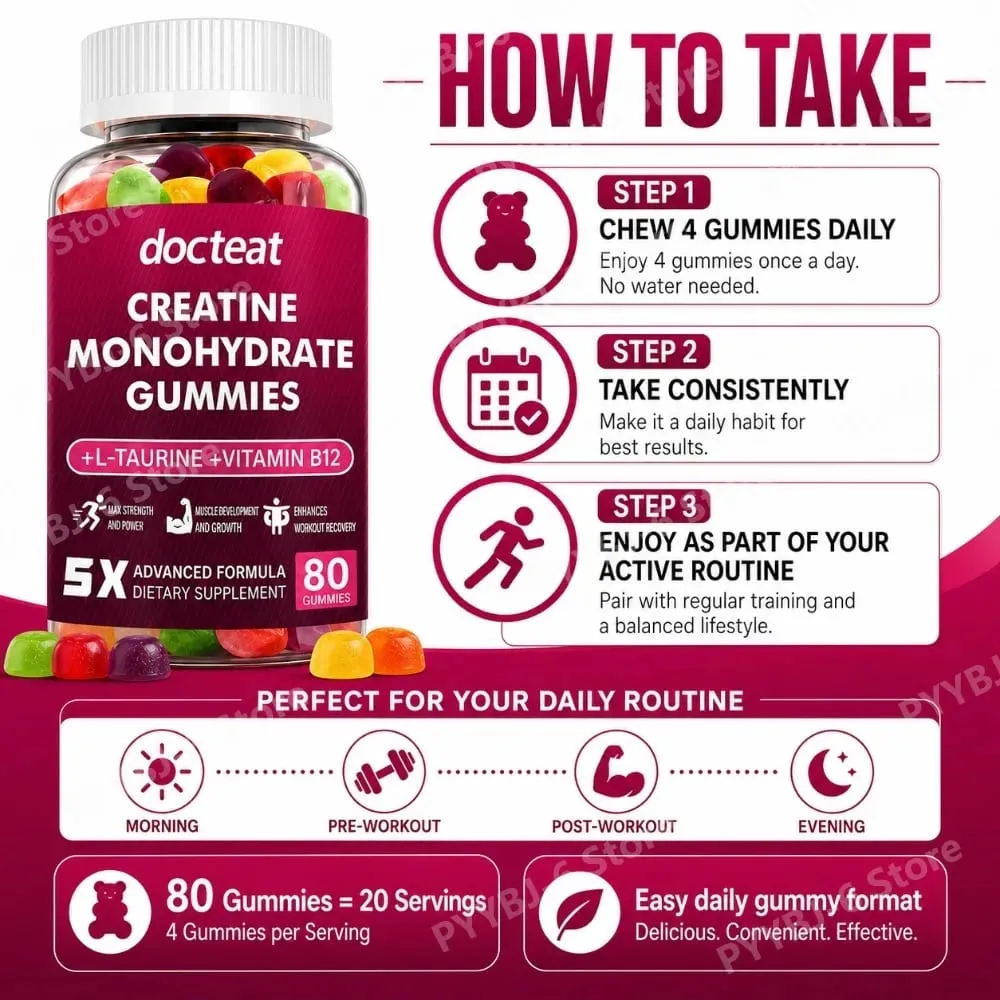 Creatine Monohydrate Gummies 80 Count with Taurine Vitamin B12 Chewable Sports Nutrition Συμπλήρωμα για μυϊκή και ενεργειακή υποστήριξη