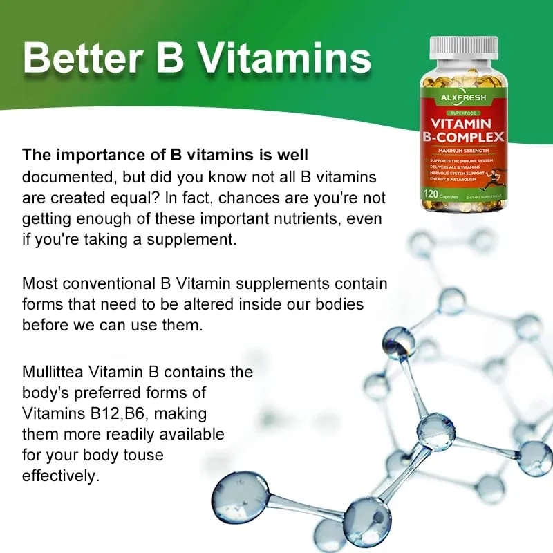 Alxfresh B-Complex Vitamin Supplements (B12 B1 B2 B3 B5 B6 B9 Folic Acid &Biotin) Immune & Energy Support