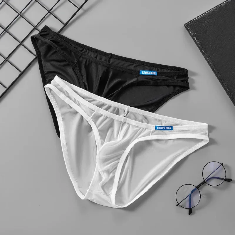 Men's Sexy Underwear Thin Ice Silk Translucent Briefs U Pouch Ropa Interior Hombre Male Panties