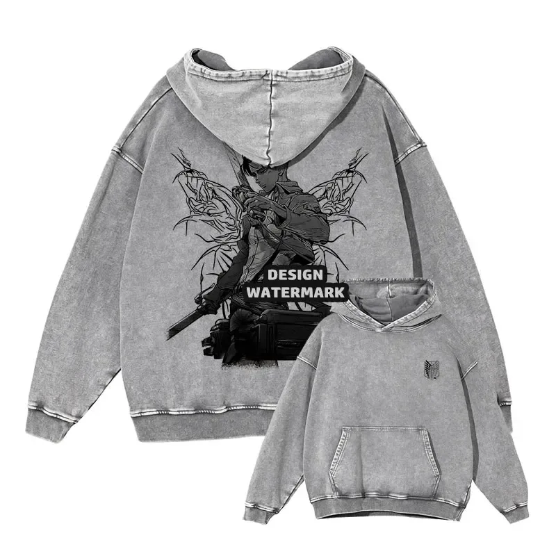 Anime Levi Hoodies Vintage Washed A-Attack on Titan Hoodie Casual Manga Yeager Eren Hooded Sweatshirts Titan Attack Pullover