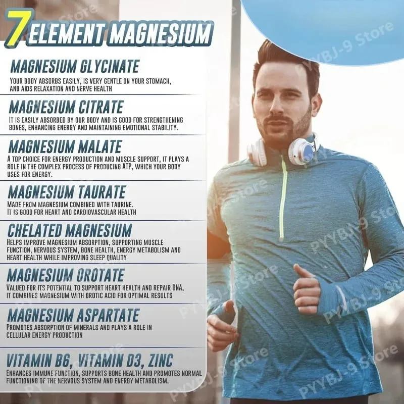 Magnesium 7 Complex Supplement na may Glycinate Citrate Malate Chelate Zinc Vitamin D3 B6 para sa Sleep Muscle Relief 60 Capsules