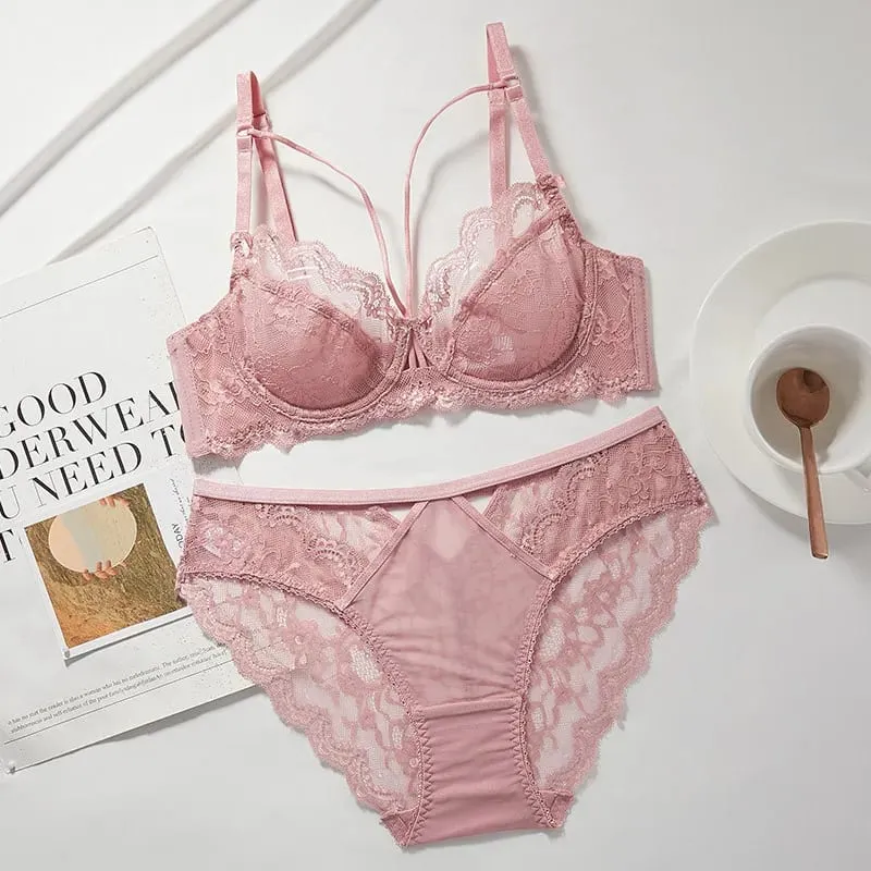 Női új vékony csipke fehérnemű szett puha aládrót melltartó Push Up melltartó, minimálisra csökkenti a megereszkedést puha, kényelmes viselet 32-42