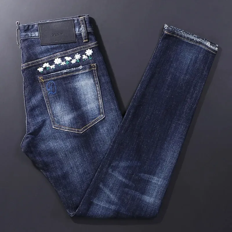 High Street Retro kék elasztikus, osztott stílusú farmernadrág férfiaknak hip-hop tervezői hímzés márka szűk szabású alkalmi nadrágok
