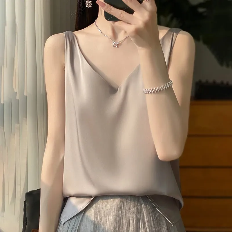 Νέο Lce Silk Satin Camisole Γυναικεία Άνοιξη/Καλοκαίρι μονόχρωμο αμάνικο σέξι άνετο μεταξωτό εσώρουχο RW-D09